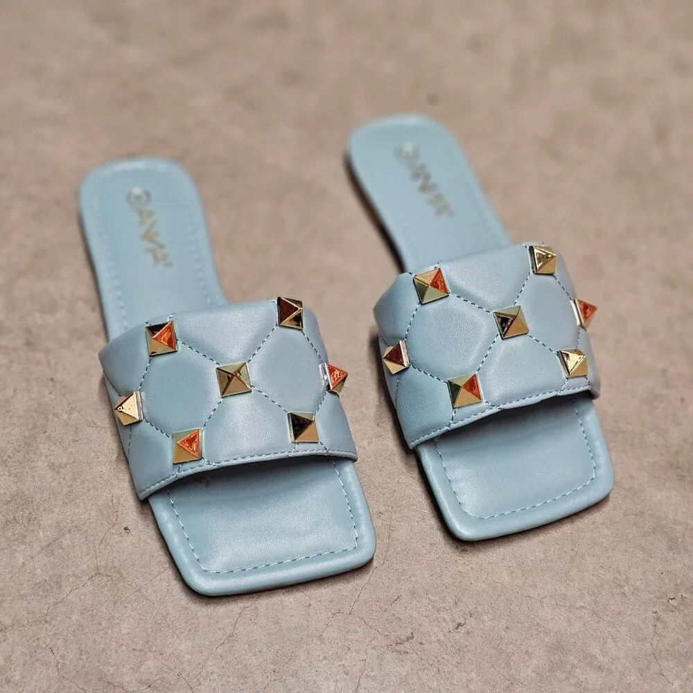 Quilted Sky Blue Slide Sandals With Gold Studs Square Toe Casual Flat Design For - Picture 2 of 5